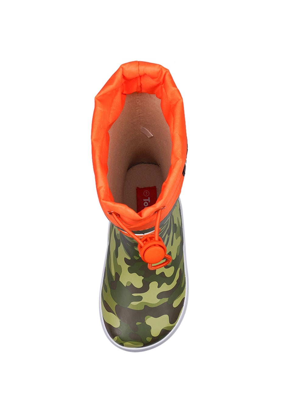 ToeZone Boys Orange Enzo Camo Tie Top Wellies (Younger 6- Older 12)