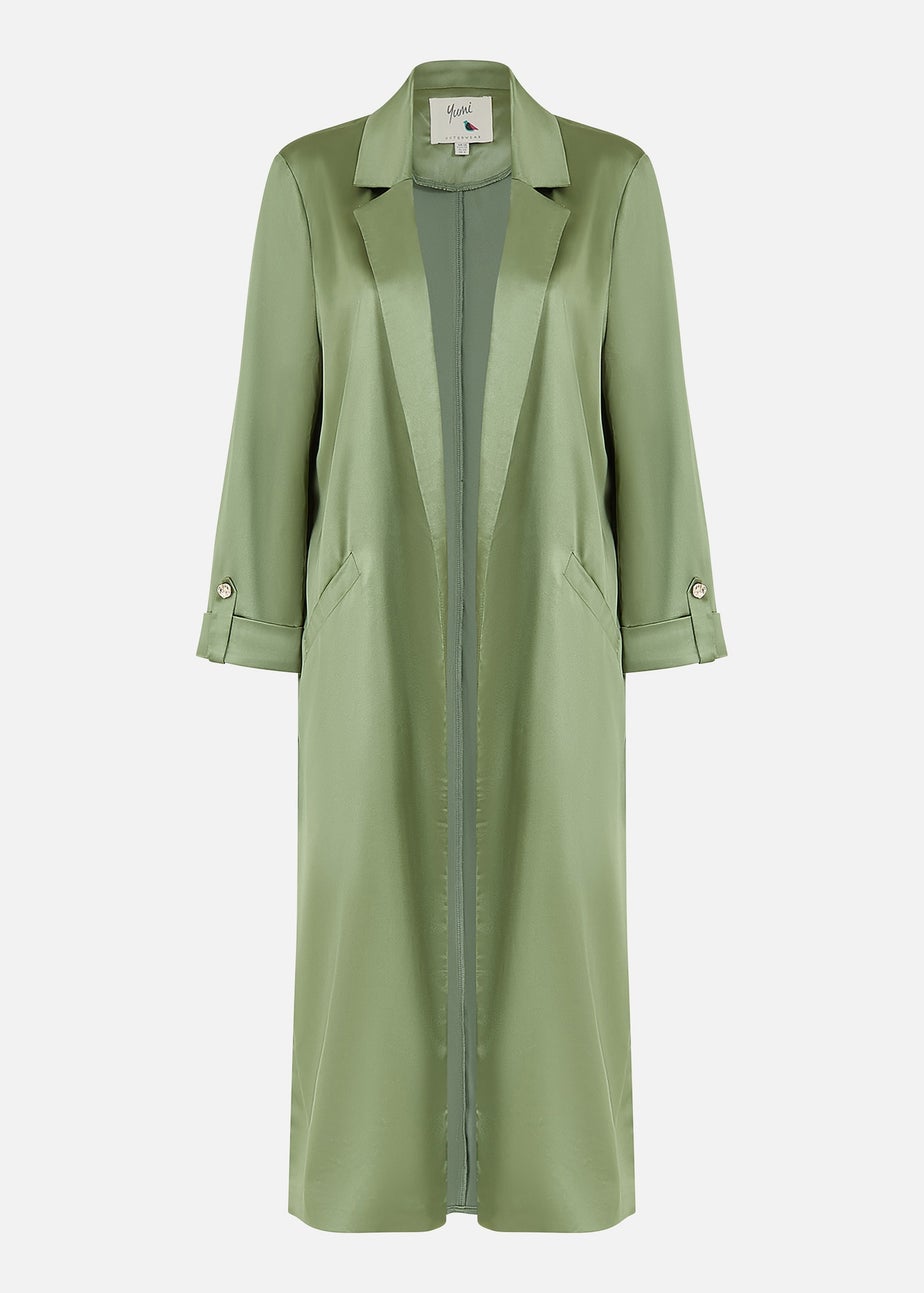 Yumi Green Satin Feel Longline Kimono Jacket