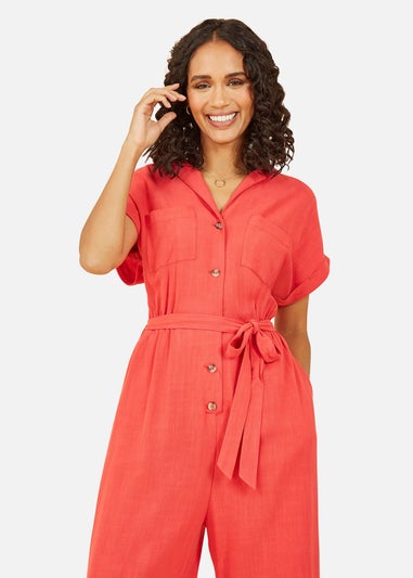 Yumi Red Linen Blend Button Up Jumpsuit