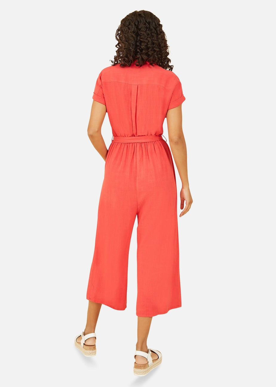 Yumi Red Linen Blend Button Up Jumpsuit
