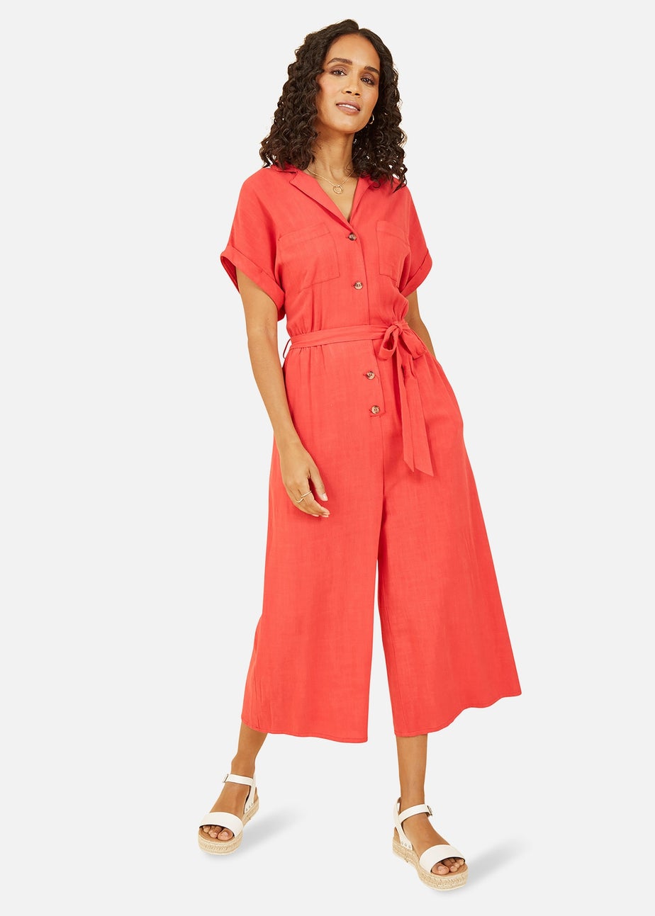 Yumi Red Linen Blend Button Up Jumpsuit