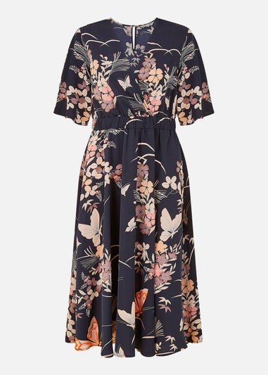 Yumi Navy Butterfly Print Kimono Sleeve Midi Dress