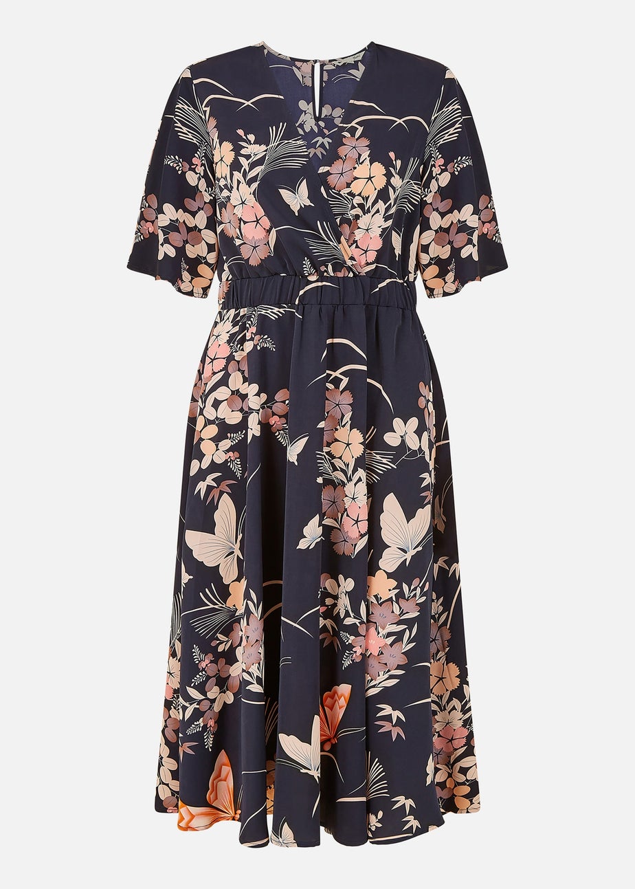 Yumi Navy Butterfly Print Kimono Sleeve Midi Dress