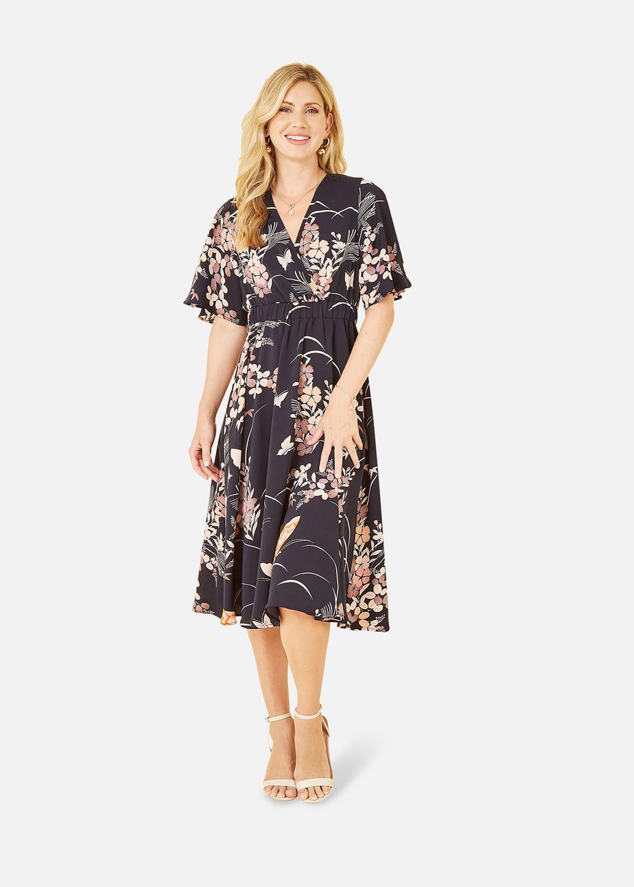 Yumi Navy Butterfly Print Kimono Sleeve Midi Dress