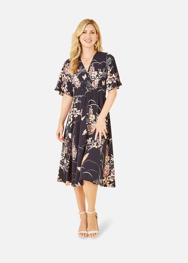 Yumi Navy Butterfly Print Kimono Sleeve Midi Dress