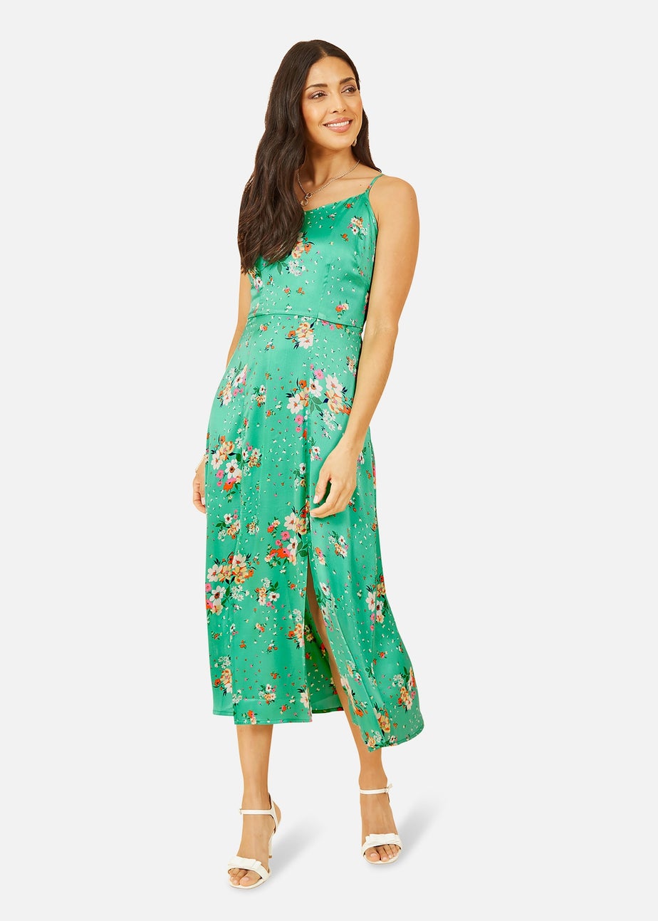 Yumi Green Satin Floral Slip Sundress