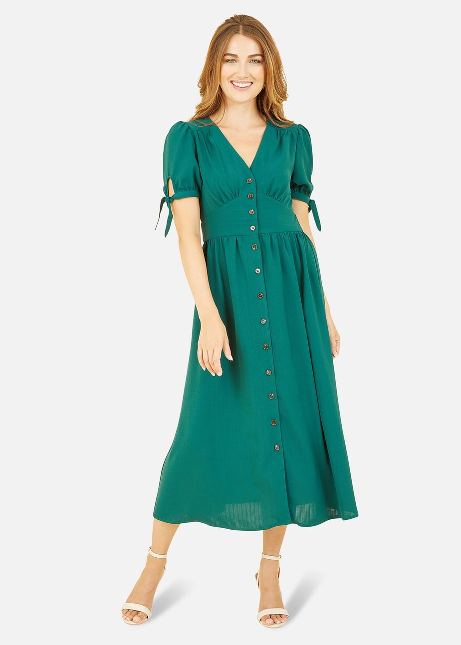 Yumi Green Midi Shirt Dress With Tie Sleeves