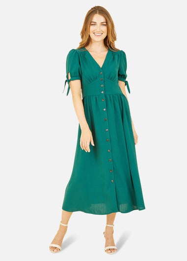 Yumi Green Midi Shirt Dress With Tie Sleeves