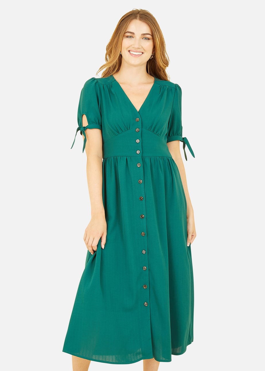 Yumi Green Midi Shirt Dress With Tie Sleeves