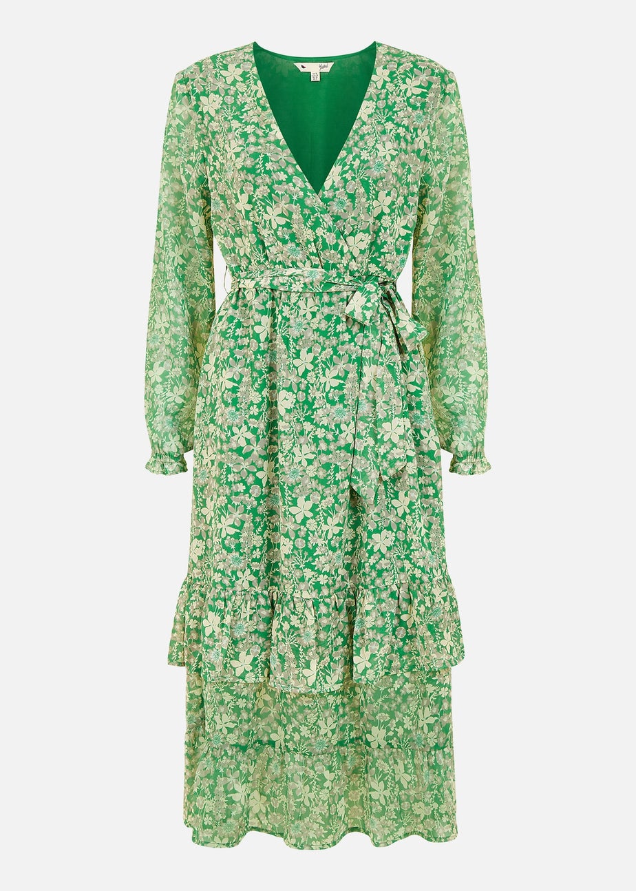 Yumi Green Floral Wrap Long Sleeve Tiered Midi Dress