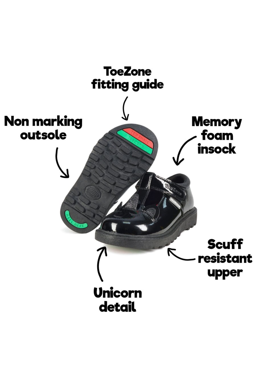 ToeZone Girls Black Millie Patent Unicorn Themed (Younger 8-Older 3)