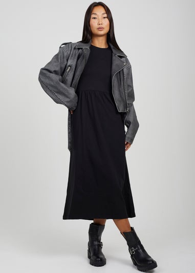 Brave Soul Black Cotton Long Sleeve Midi Smock Dress