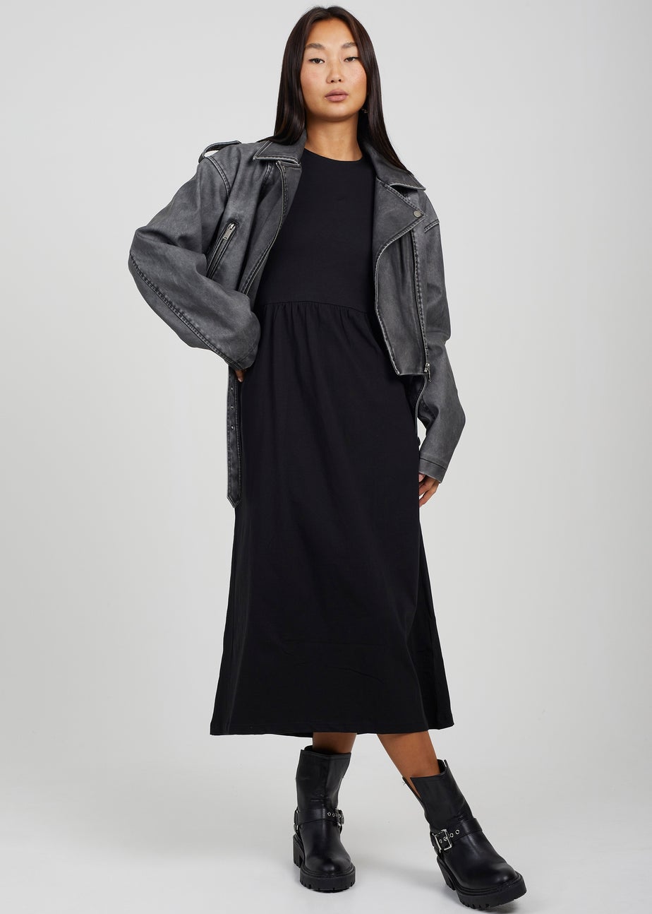 Brave Soul Black Cotton Long Sleeve Midi Smock Dress
