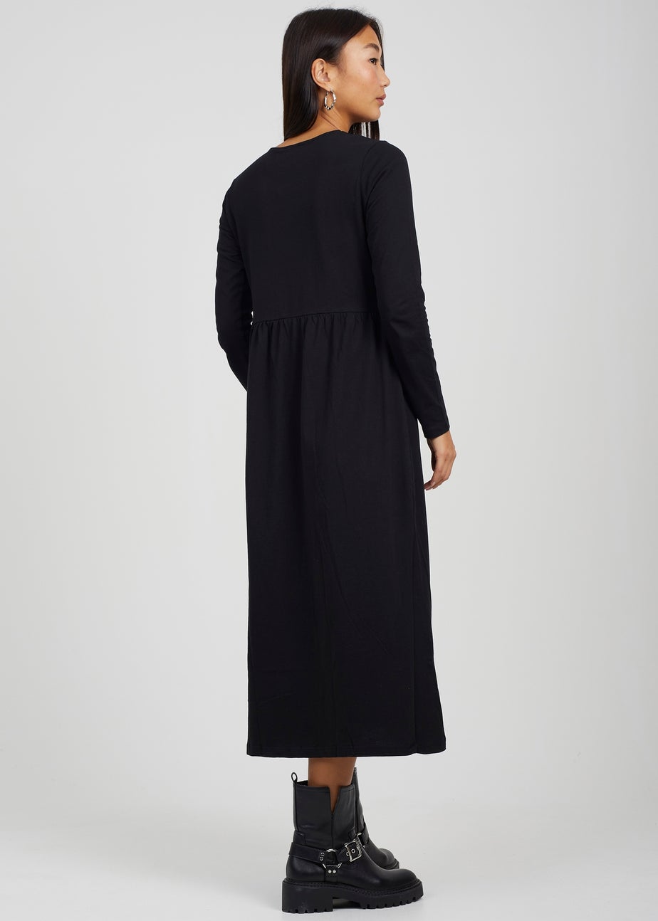 Brave Soul Black Cotton Long Sleeve Midi Smock Dress