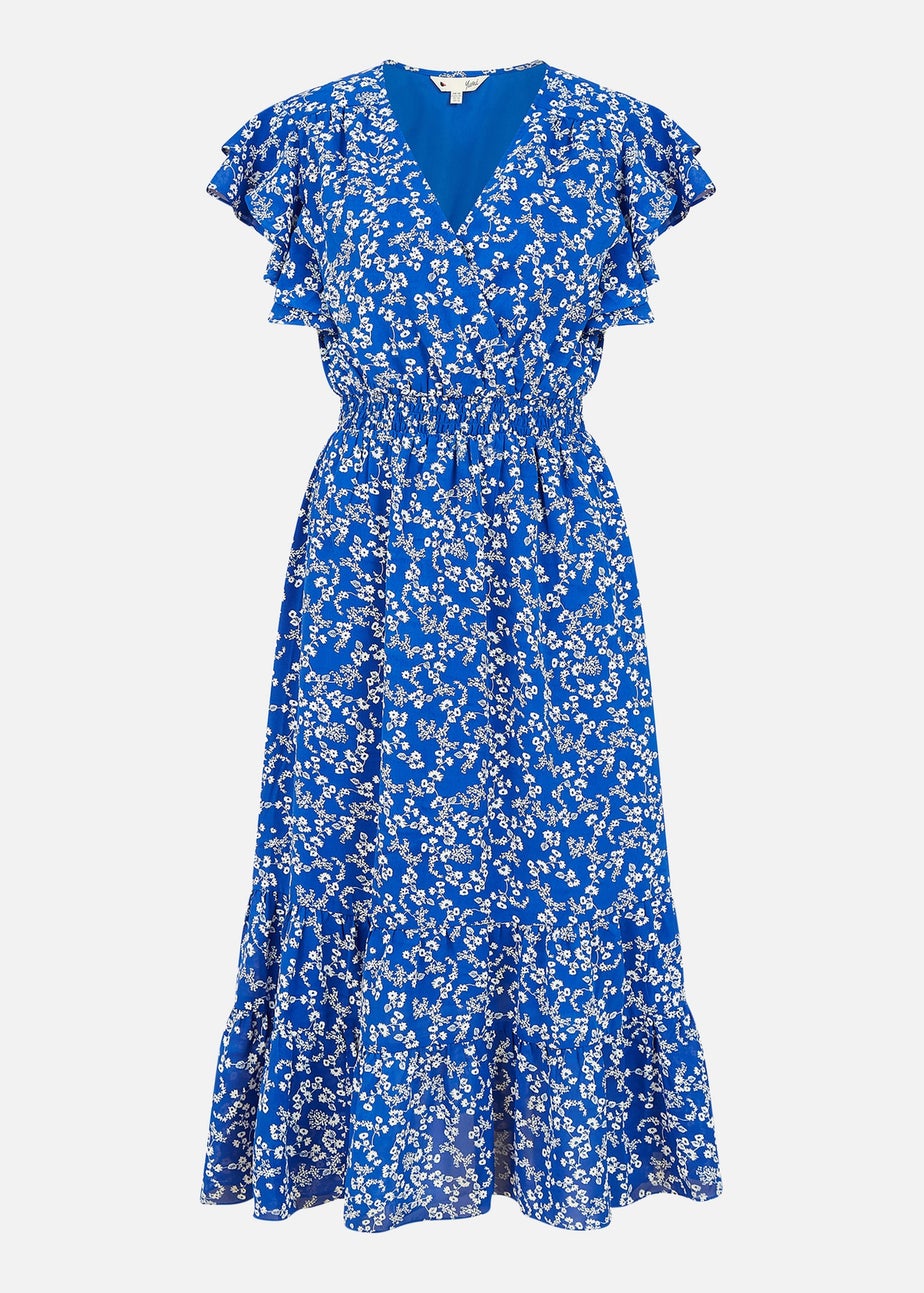Yumi Blue Ditsy Print Midi Dress With Frill Sleeve