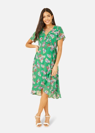 Yumi Green Floral Frill Wrap Midi Dress