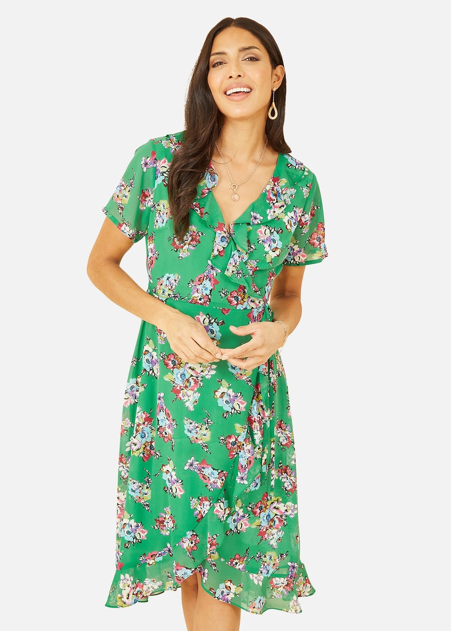 Yumi Green Floral Frill Wrap Midi Dress