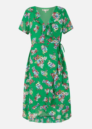 Yumi Green Floral Frill Wrap Midi Dress