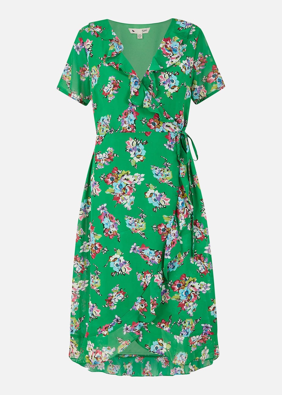 Yumi Green Floral Frill Wrap Midi Dress