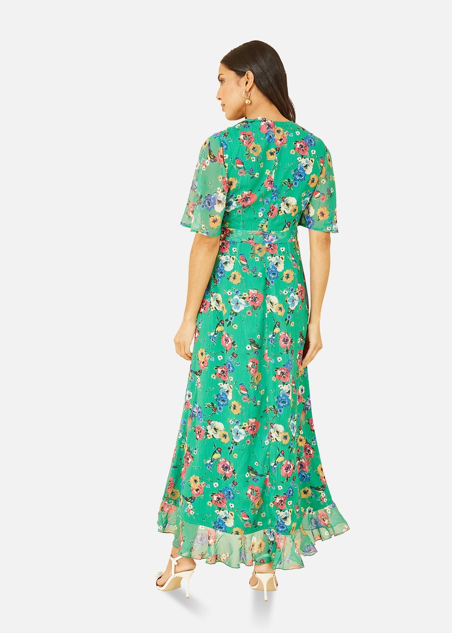 Yumi Green Floral Bird Print Midi Frill Dress