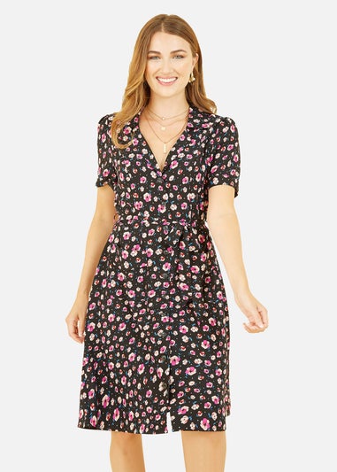 Yumi Black Floral Retro Shirt Dress