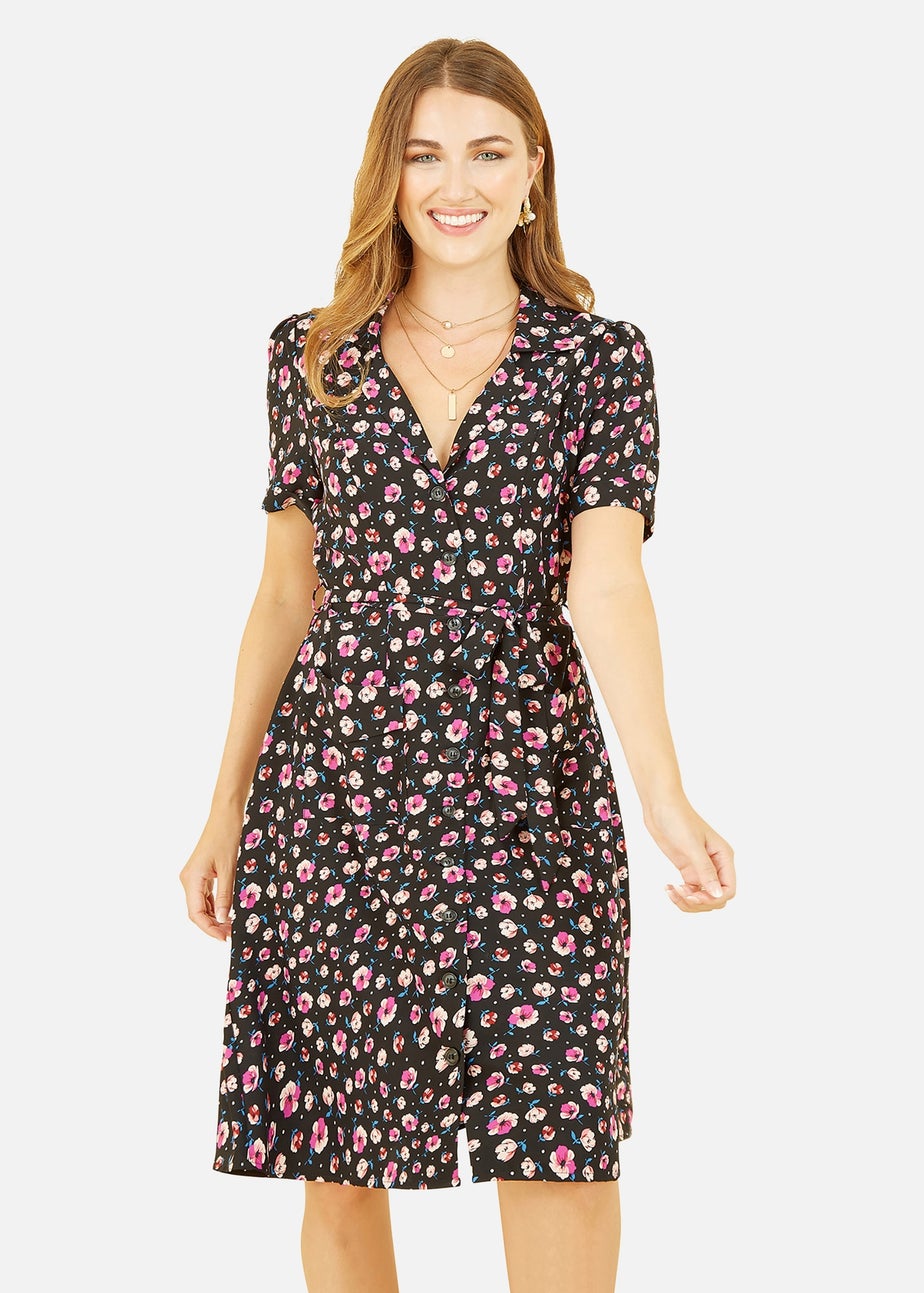 Yumi Black Floral Retro Shirt Dress