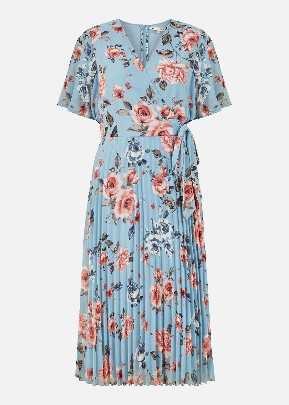 Yumi Blue Floral Pleated Wrap Midi Dress