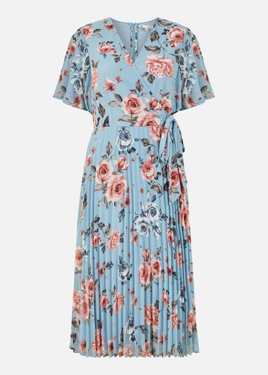 Yumi Blue Floral Pleated Wrap Midi Dress