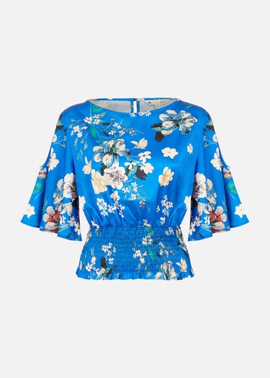 Yumi Blue Floral Satin Top With Angel Sleeves