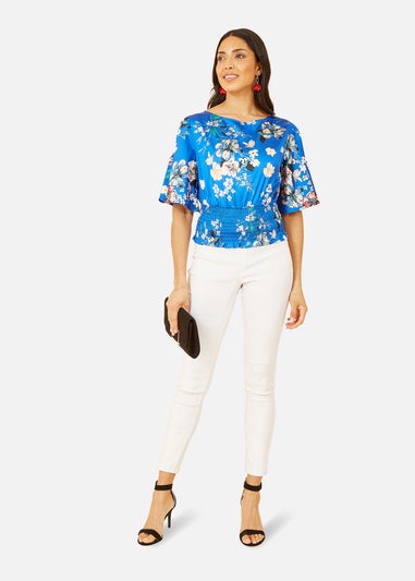 Yumi Blue Floral Satin Top With Angel Sleeves
