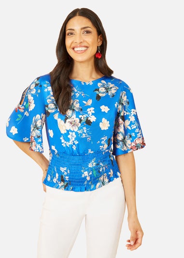 Yumi Blue Floral Satin Top With Angel Sleeves