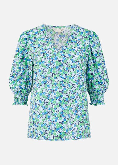 Yumi Green Ditsy Print Puff Sleeve Top