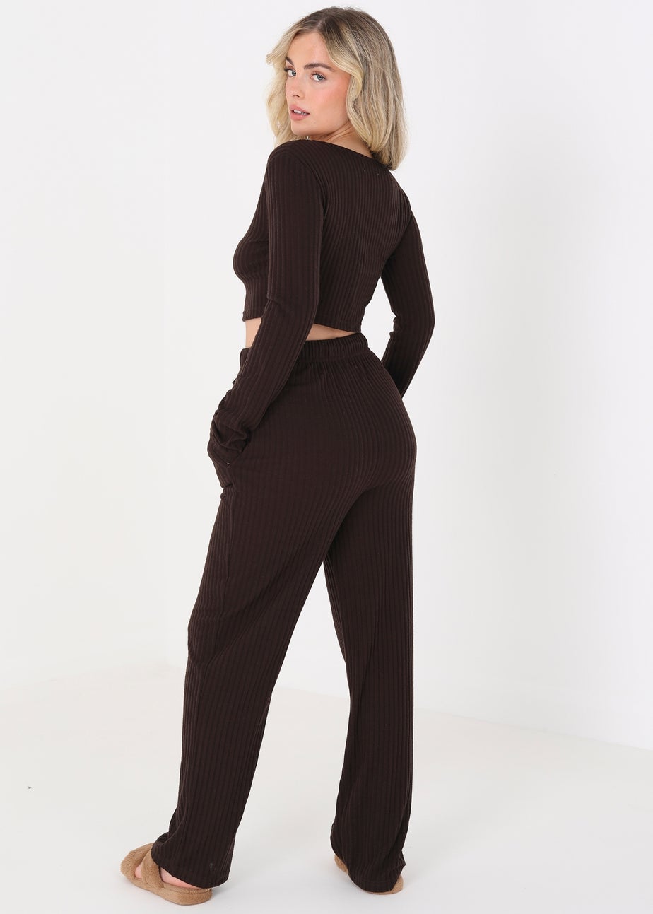 Brave Soul Chocolate Cropped Long Sleeve & Wide Leg Lounge Set