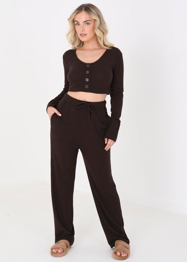 Brave Soul Chocolate Cropped Long Sleeve & Wide Leg Lounge Set