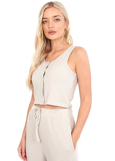 Brave Soul Natural Cropped Vest & Wide Leg Waffle Lounge Set