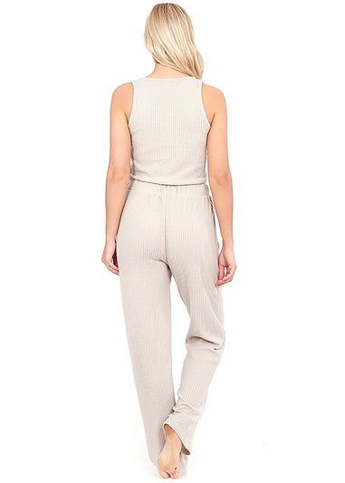 Brave Soul Natural Cropped Vest & Wide Leg Waffle Lounge Set