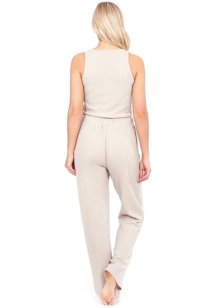 Brave Soul Natural Cropped Vest & Wide Leg Waffle Lounge Set