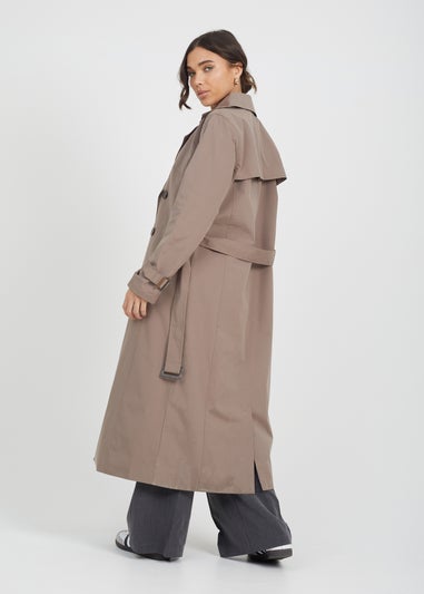 Brave Soul Brown Double-Breasted Longline Trench Coat