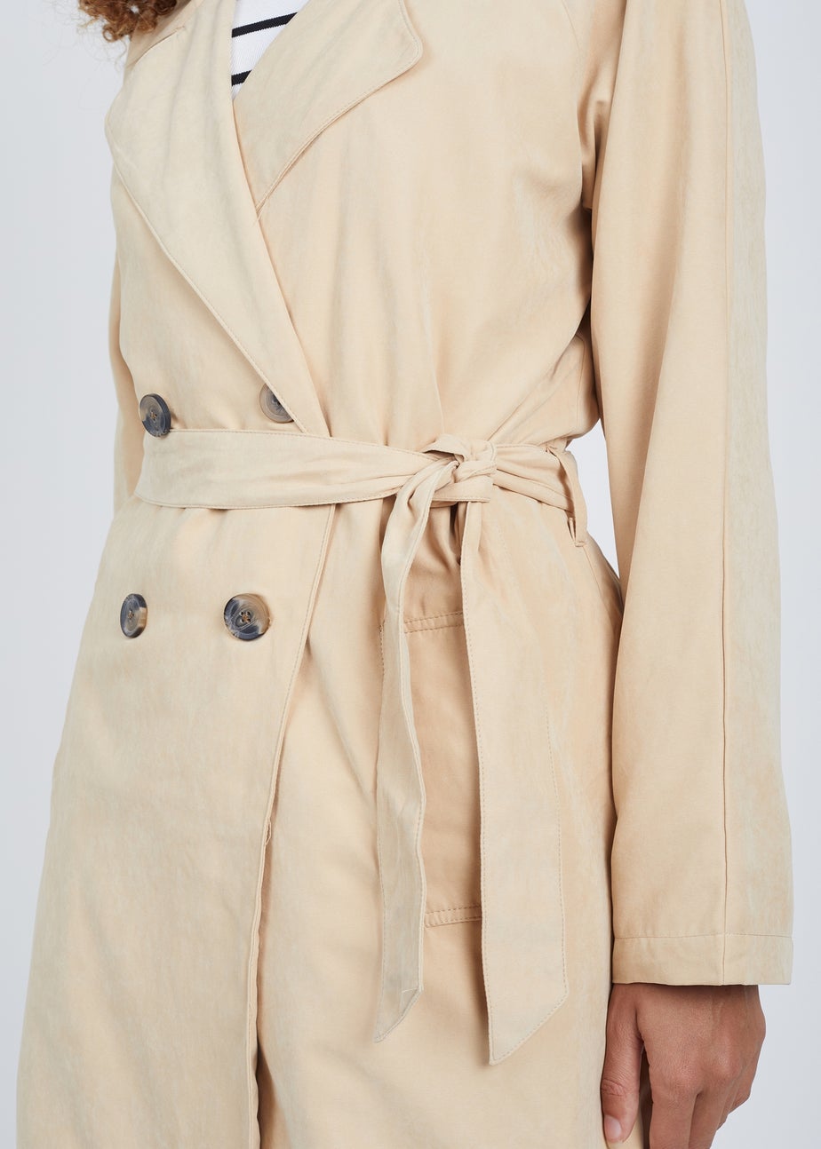 Brave Soul Camel Double-Breasted Longline Trench Coat with Raglan Sleeves