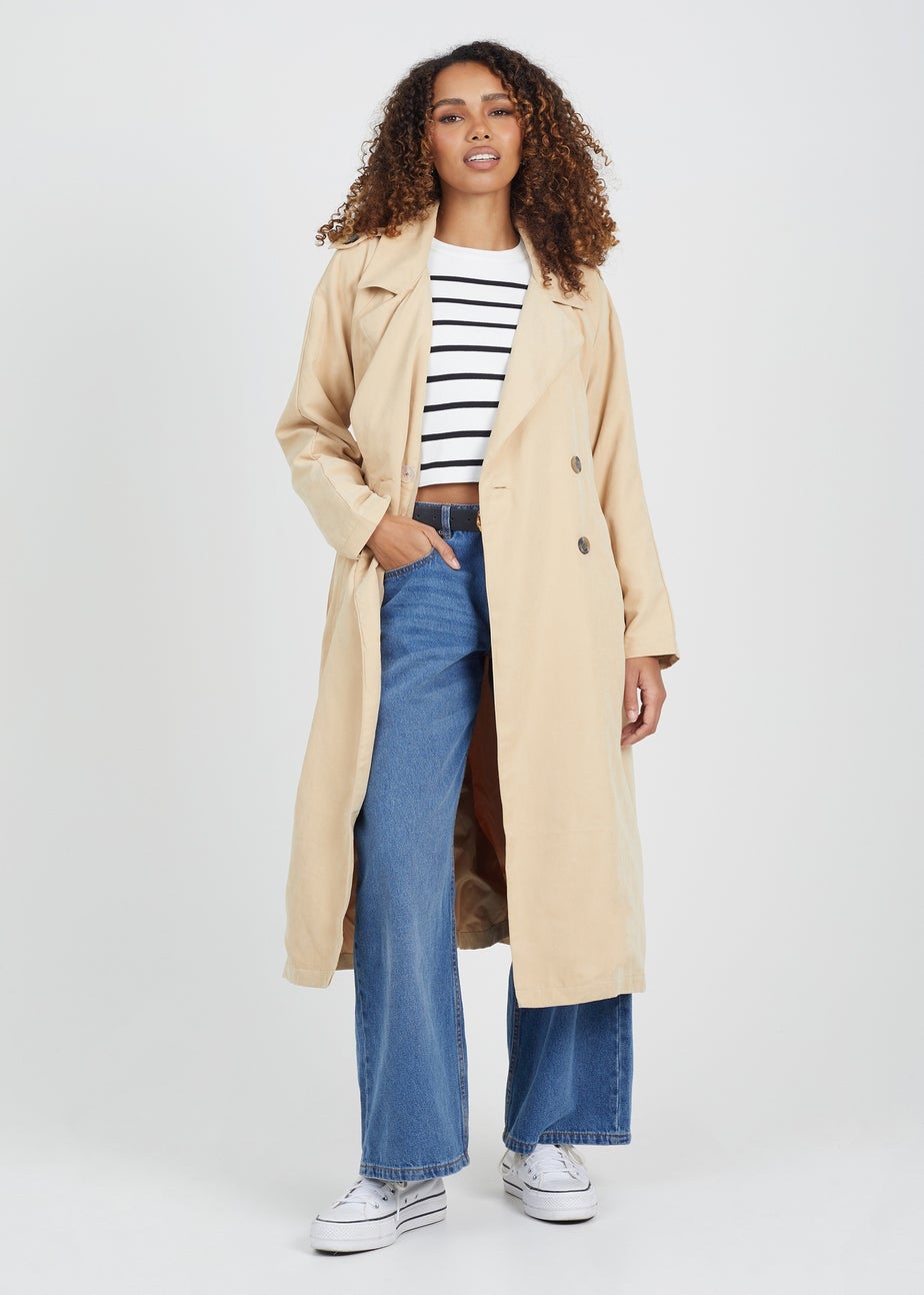 Brave Soul Camel Double-Breasted Longline Trench Coat with Raglan Sleeves