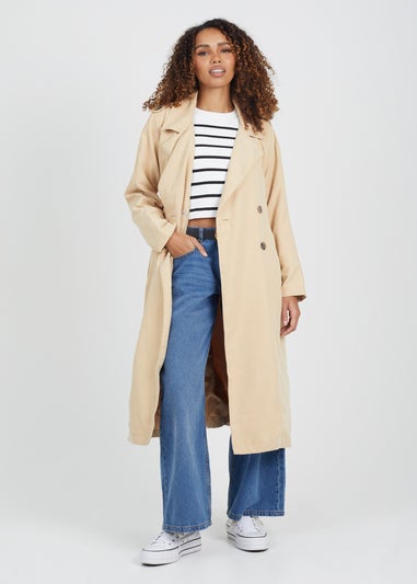Brave Soul Camel Double-Breasted Longline Trench Coat with Raglan Sleeves