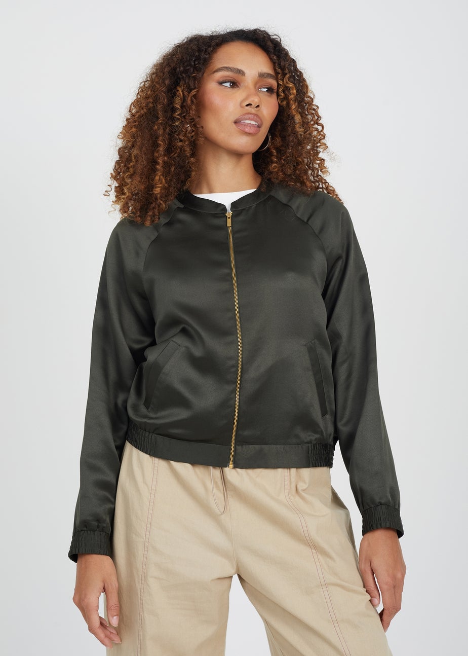 Brave Soul Khaki Satin Bomber Jacket