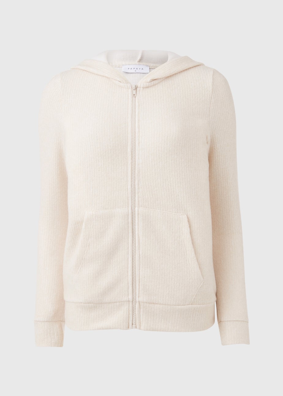 Oatmeal Zip Front Ribbed Hoodie