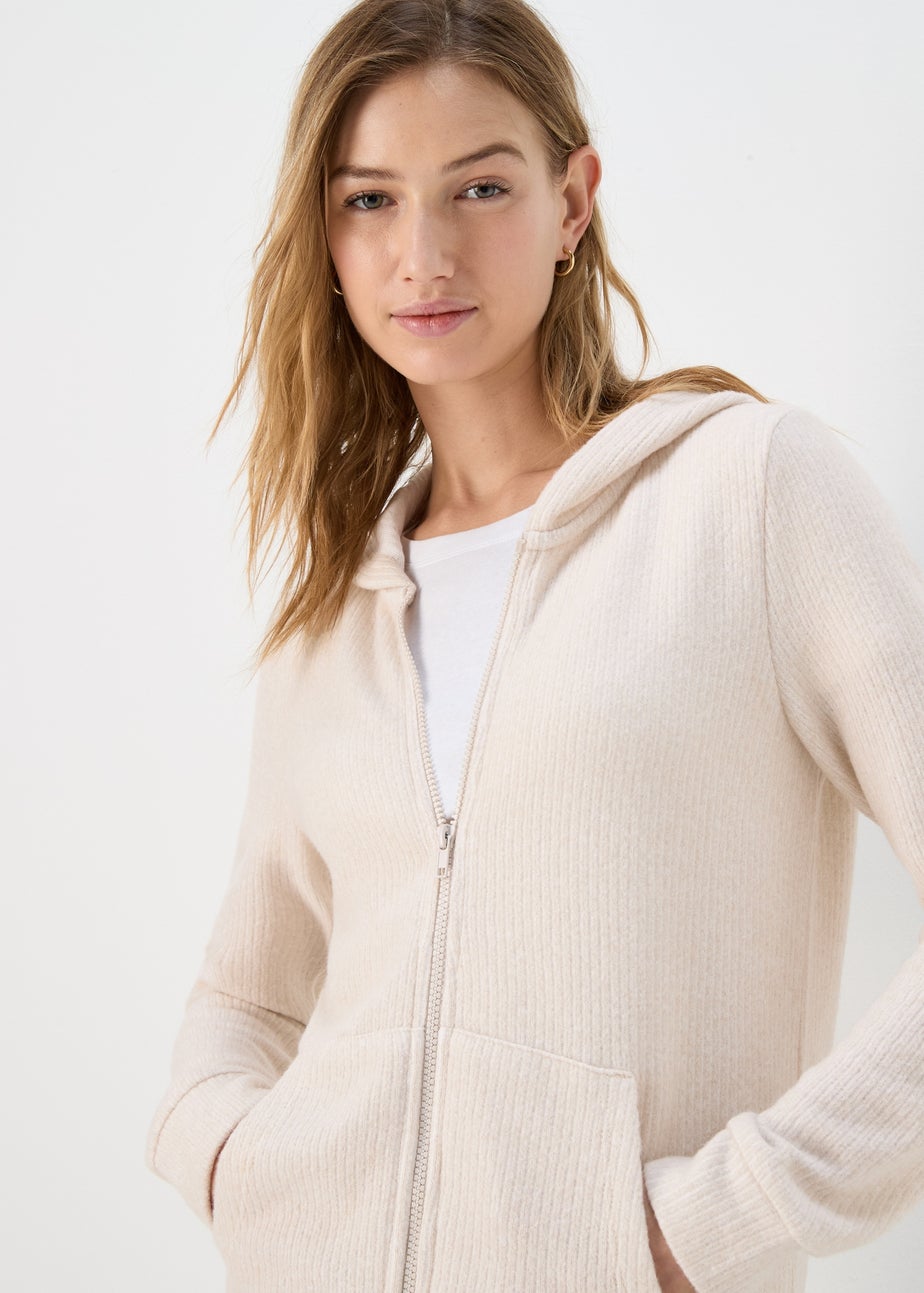 Oatmeal Zip Front Ribbed Hoodie