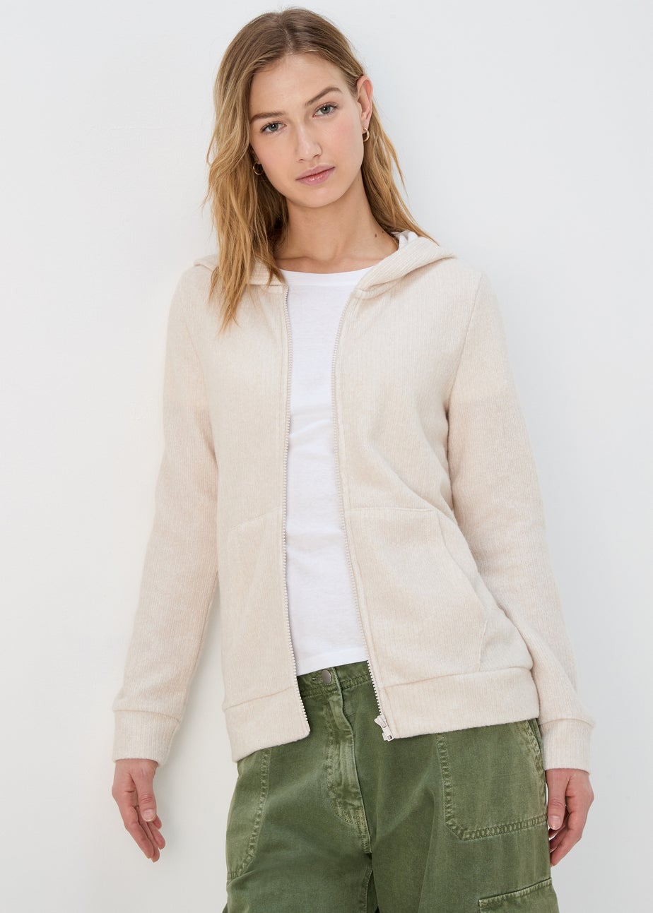Oatmeal Zip Front Ribbed Hoodie