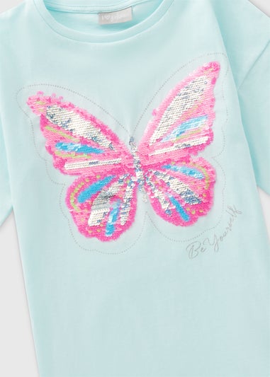 Girls Blue Sequin Butterfly T-Shirt (7-13yrs)