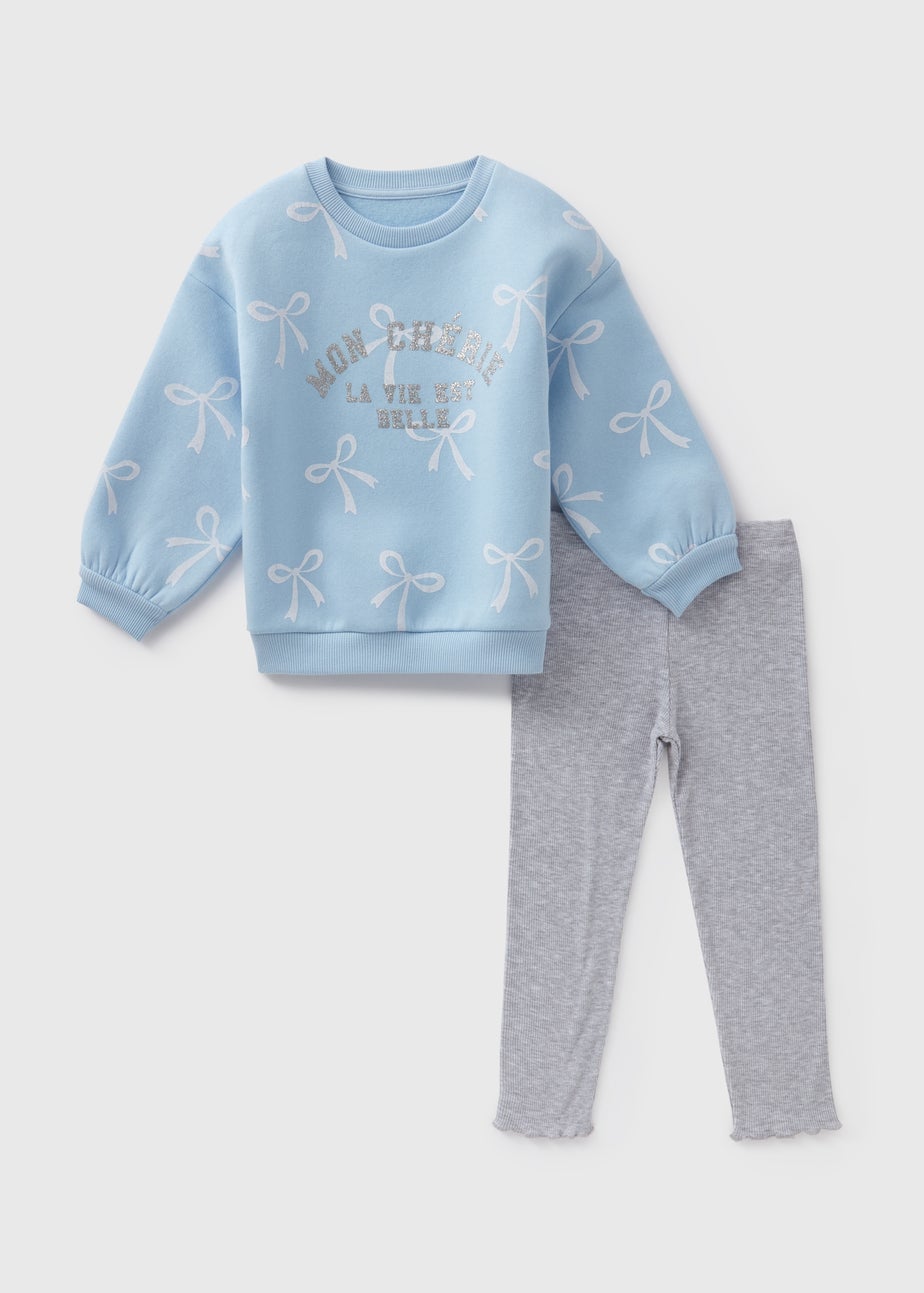 Girls Light Blue Bow Sweatshirt & Leggings Set (1-7yrs)