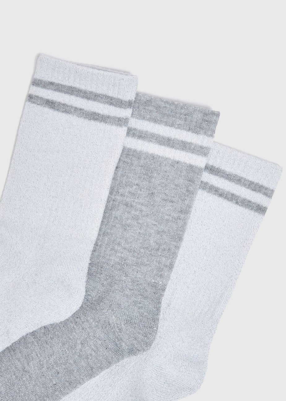 3 Pack Grey Lurex Crew Stripe Sports Socks