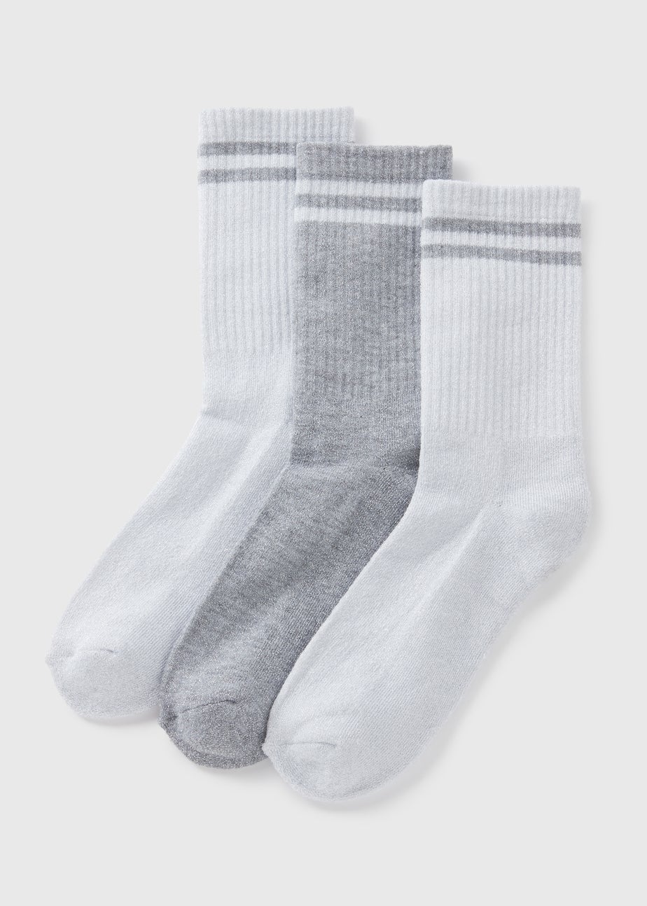 3 Pack Grey Lurex Crew Stripe Sports Socks