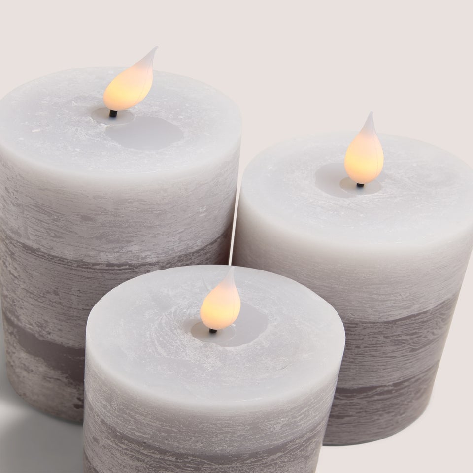 3 Pack Grey LED Pillar Candles